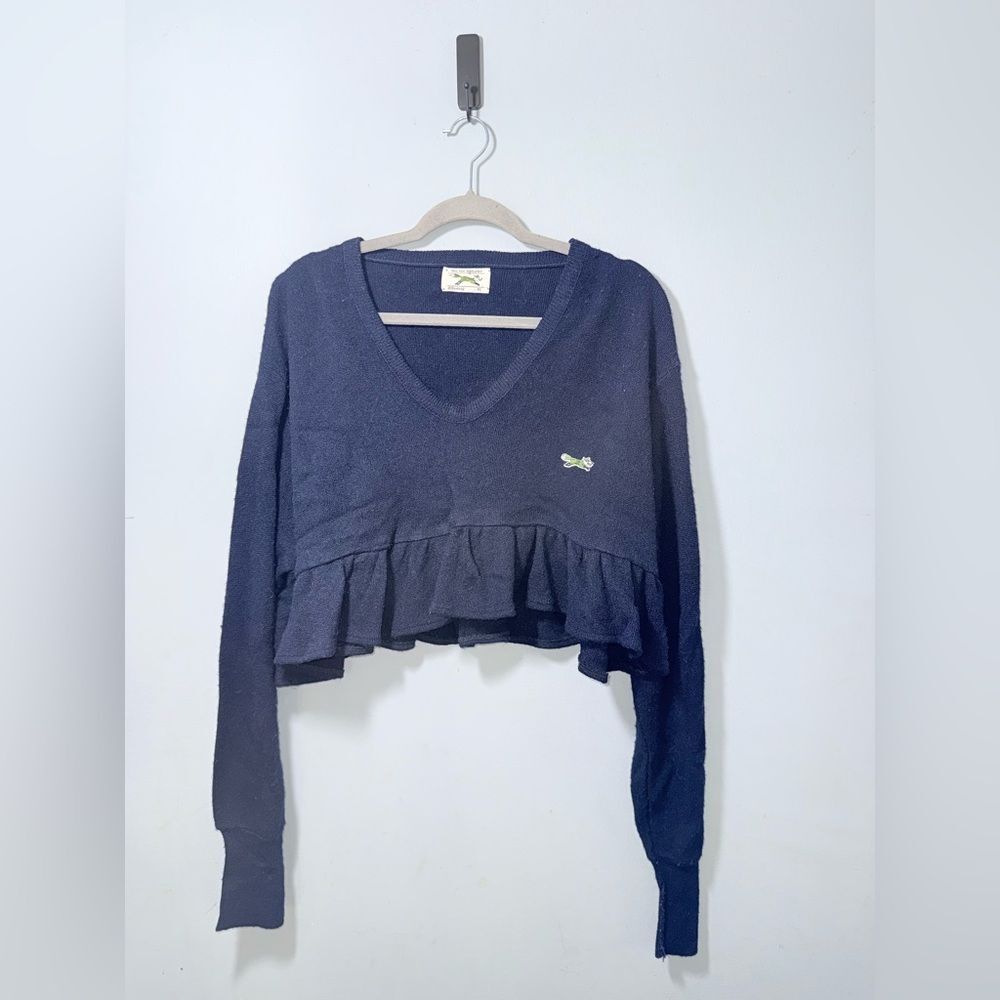 JCPenney VTG "The Fox" navy blue V-neck cropped ruffled sweater XL EUC